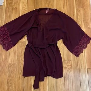 La Senza Burgundy Kimono Style Sheer Robe with Lace Sleeves